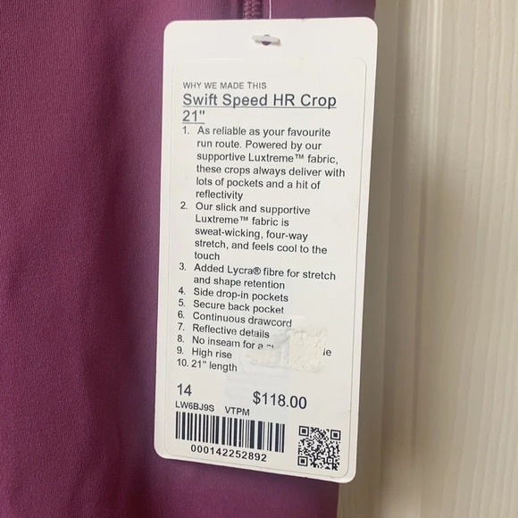 NWT Lululemon Swift Speed HR Crop 21” size 14 Vintage Plum - Picture 4 of 7